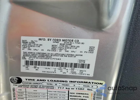 2013 Ford F150 Supercrew z USA, uszkodzony, nr VIN 1FTFW1EF0DFC77343